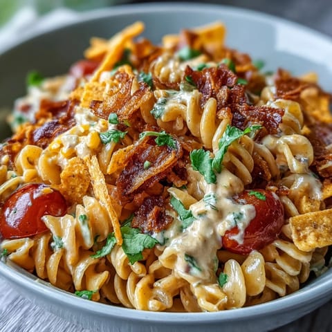 Colorful Tex-Mex pasta salad featuring Doritos, black beans, corn, and a zesty avocado ranch dressing for bold flavor.  