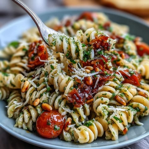 Vibrant pesto pasta salad with cherry tomatoes and arugula, garnished with parmesan and zesty lemon for a refreshing meal.  