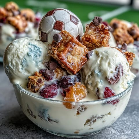 Individual snack cups filled with vibrant berries, tropical pineapple, and sweet granola, topped with a soccer ball decoration.