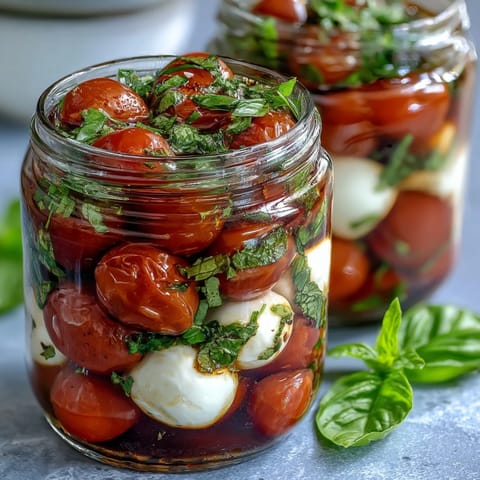 Mason Jar Caprese Salad with fresh mozzarella, cherry tomatoes, and basil, drizzled with balsamic glaze for a vibrant, portable appetizer.