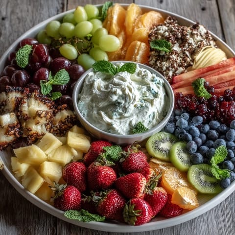 Vibrant rainbow fruit platter with strawberries, pineapple, kiwi, and blueberries served with fluffy coconut whipped cream.