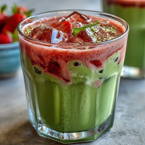 Strawberry Matcha Latte with Oat Milk, a vibrant layered drink with sweet strawberry puree and earthy matcha cream.