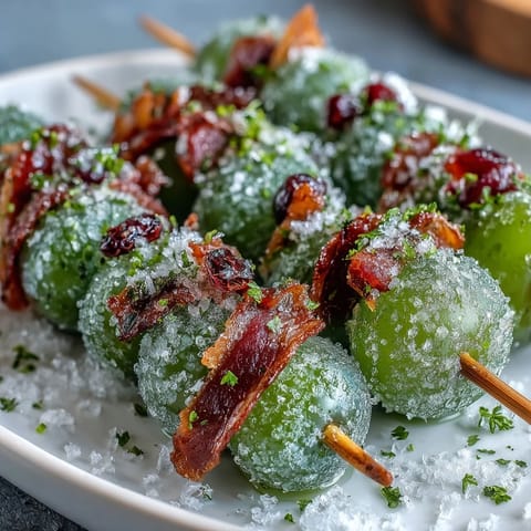 Vibrant frozen grape skewers coated in zesty lime sugar, a refreshing summer snack perfect for hot days.