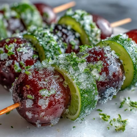 Juicy frozen grapes on wooden sticks, rolled in fragrant lime sugar for a tangy-sweet treat.
