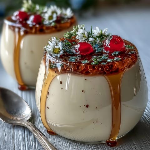 Silky Honey Lavender Panna Cotta with a floral aroma, drizzled with golden honey and garnished with fresh berries.