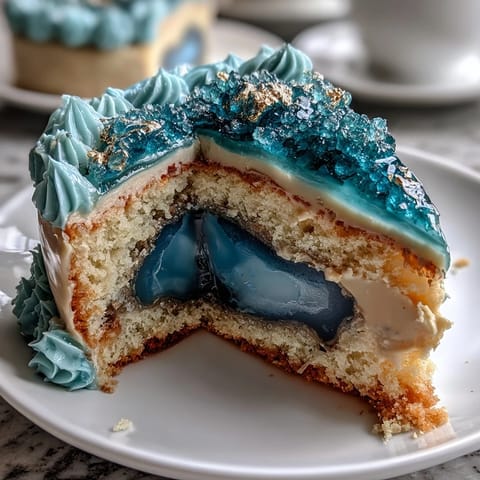 Graduation cake with teal and gold geode slice design, elegant celebration dessert with shimmering rock candy crystals.