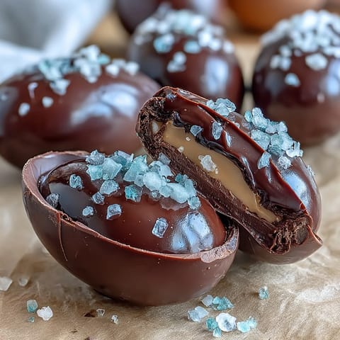 Decadent dark chocolate Easter eggs filled with creamy peanut butter, finished with a delicate sprinkle of flaky sea salt.