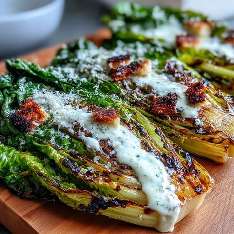 Close-up of grilled Caesar salad revealing smoky charred romaine drizzled with creamy dressing.