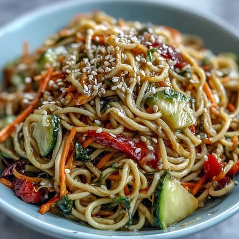 Cold Soba Noodle Salad with bright vegetables and zesty dressing.