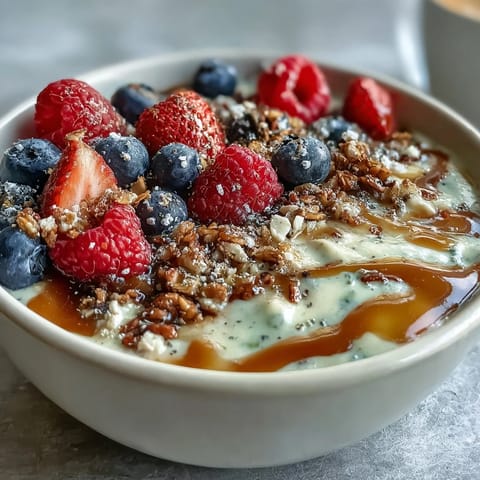 Vibrant Skyr Protein Smoothie Bowl topped with fresh berries and crunchy granola.
