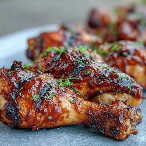 Sweet and spicy glazed BBQ chicken drumsticks, a perfect summer grilling delight.