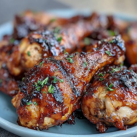 Juicy BBQ chicken drumsticks with spicy peach glaze, grilled golden brown and sticky.