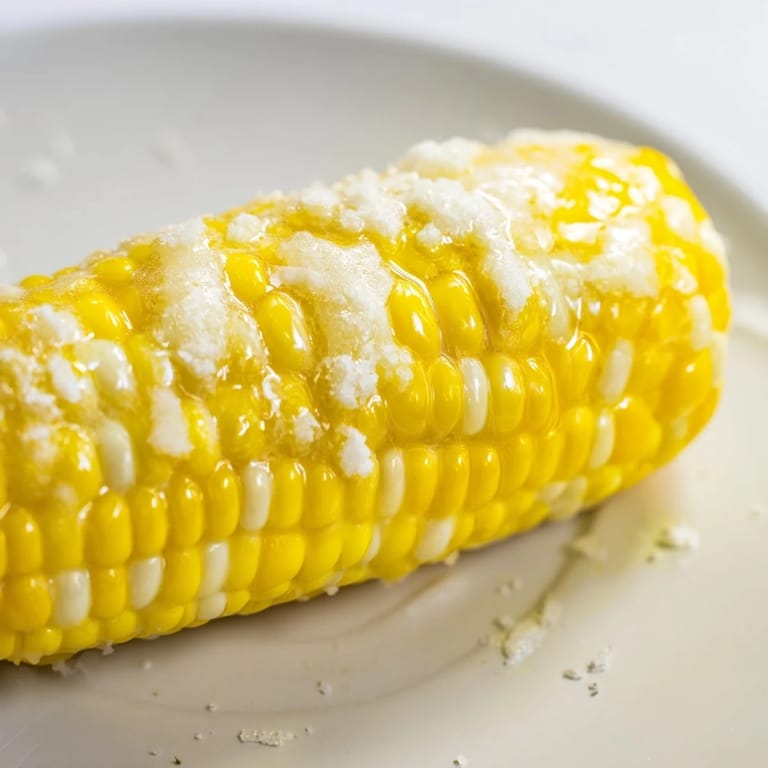 Freshly prepared corn on the cob, its juicy kernels glistening, ready for a BBQ.