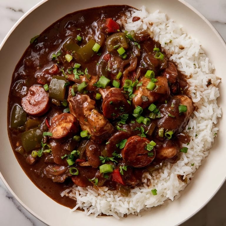 Close-up of Louisiana gumbo, with shrimp in the savory stew, garnished with fresh herbs.
