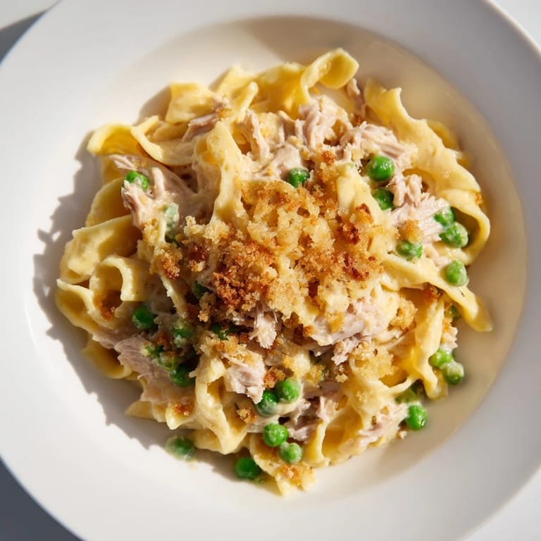 A hearty Tuna Casserole, featuring flaky tuna, tender noodles, and sweet peas baked to perfection.