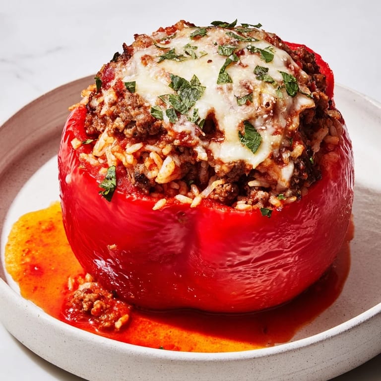 A close-up of baked Stuffed Bell Peppers revealing a tender, flavorful interior with melted cheese topping.
