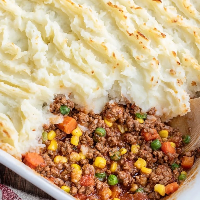 Delicious Shepherds Pie, featuring a rich meat filling and a beautifully browned, fluffy potato crust.