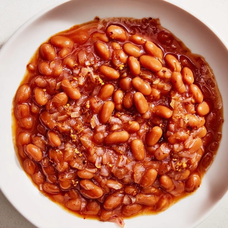 Sweet-and-savory Baked Beans, served alongside crusty bread, a colorful American classic.