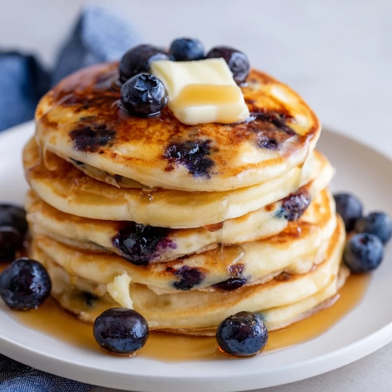 A stack of warm blueberry pancakes, studded with juicy bursts, perfect for a cozy breakfast.