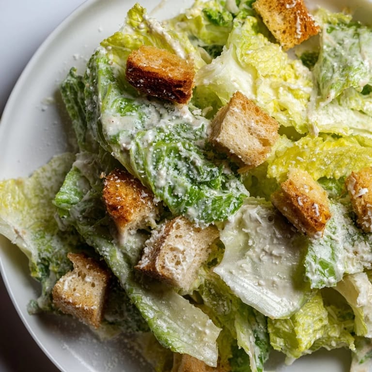A close-up of a flavorful Caesar salad, ready to eat, with grated cheese and dressing.
