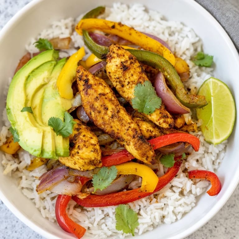 Flavorful Chicken Fajita Bowl, featuring tender chicken strips, atop fluffy rice with fresh, vibrant toppings.