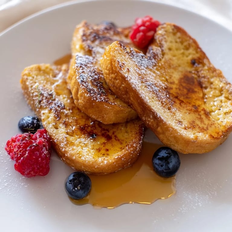 Close-up of freshly prepared French toast, highlighting crispy edges and a custardy interior for enjoyment.