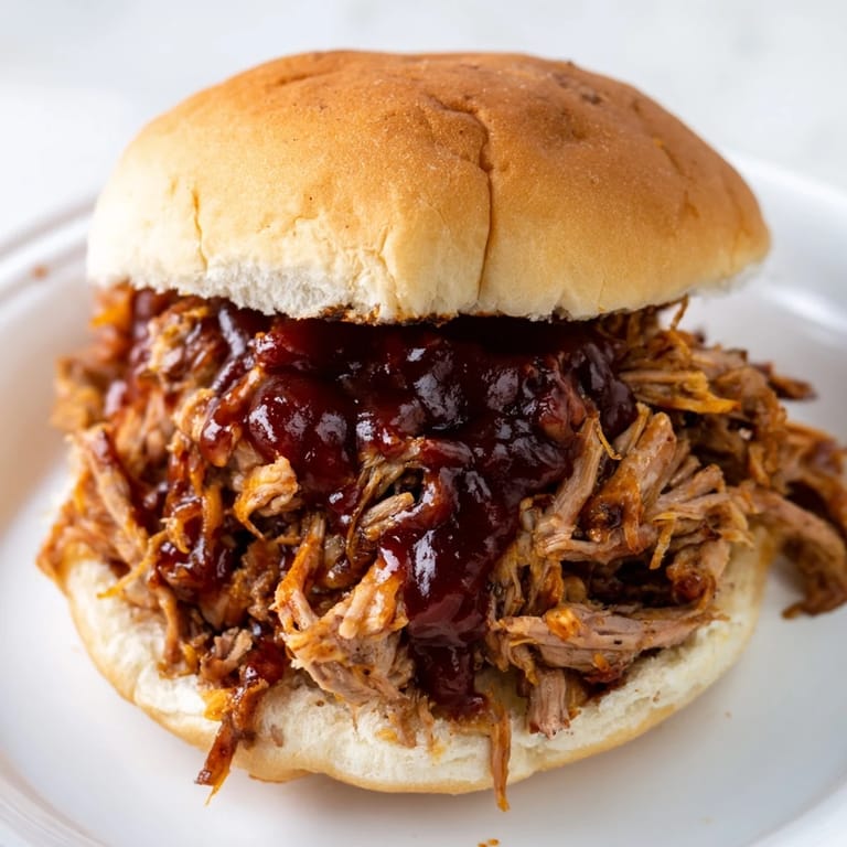 Close-up of a piled-high pulled pork sandwich with a glistening barbecue sauce, ready to eat.