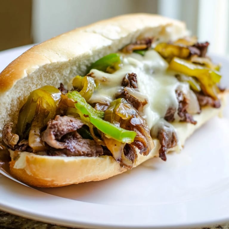 Close-up of a sizzling Philly Cheesesteak, showing juicy beef and soft, melted cheese in a roll.