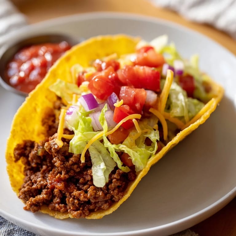 Freshly assembled American-style tacos, perfect for a family meal, with crispy shells and cheese.