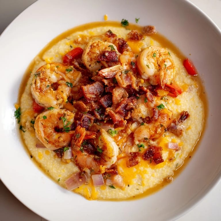 Sizzling shrimp sit atop golden grits for this flavorful Shrimp and Grits recipe.