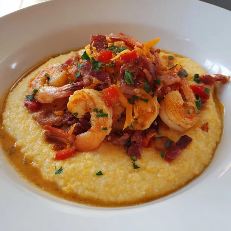 Imagine a bowl of Shrimp and Grits: tender shrimp in a rich sauce over creamy grits.