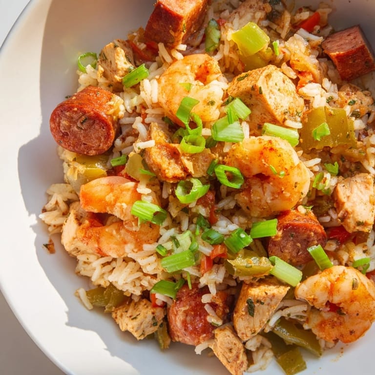 Close-up of a rustic Jambalaya, showcasing the perfectly cooked rice and juicy shrimp in a rich broth.