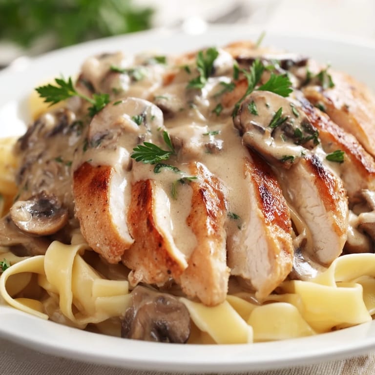 A close-up of juicy Chicken Marsala and buttery mushrooms in wine reduction, plated with pasta for a hearty dinner.