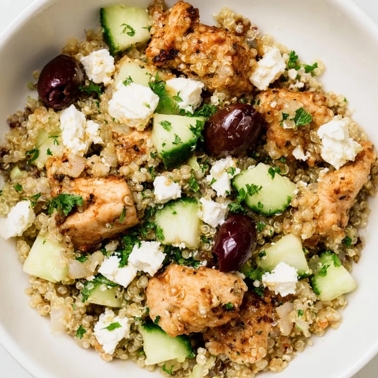 Colorful Mediterranean Chicken Bowl featuring golden chicken, crisp cucumbers, tangy olives, and crumbled feta over a bed of quinoa.