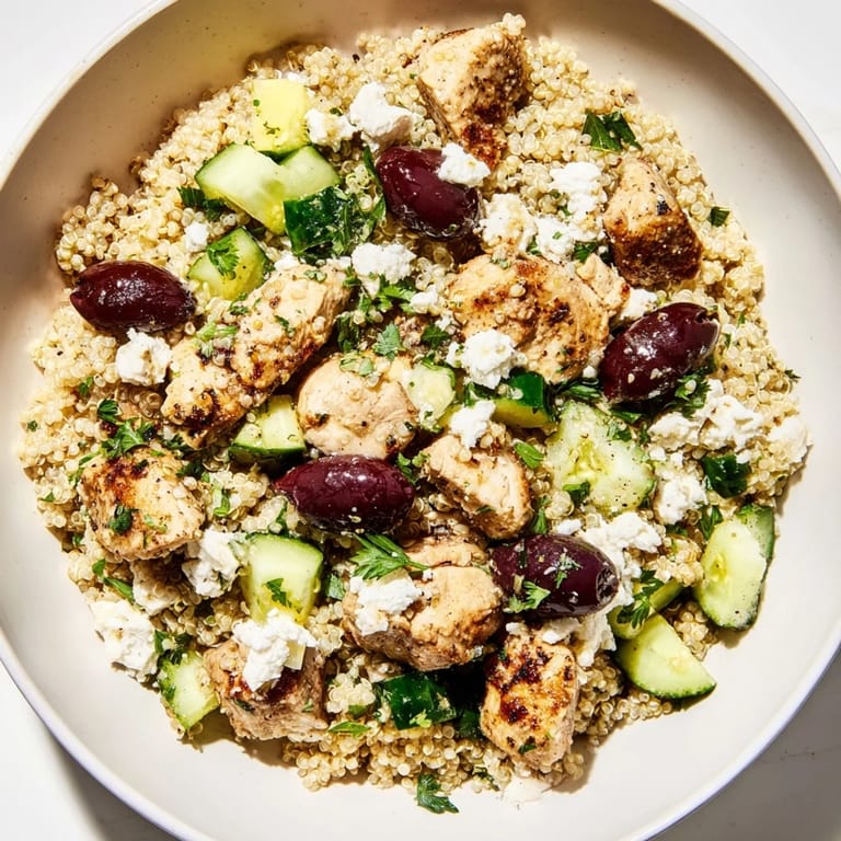 Serving suggestion for Mediterranean Chicken Bowl: tender chicken, chickpeas, tomatoes, and feta topped with a bright lemon-oregano dressing.