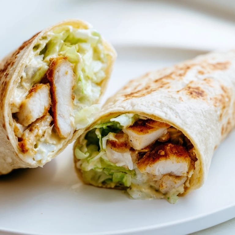 A close-up view of a sliced Honey Mustard Chicken Wrap, showcasing the golden-brown chicken and tangy dressing drizzled over the greens.