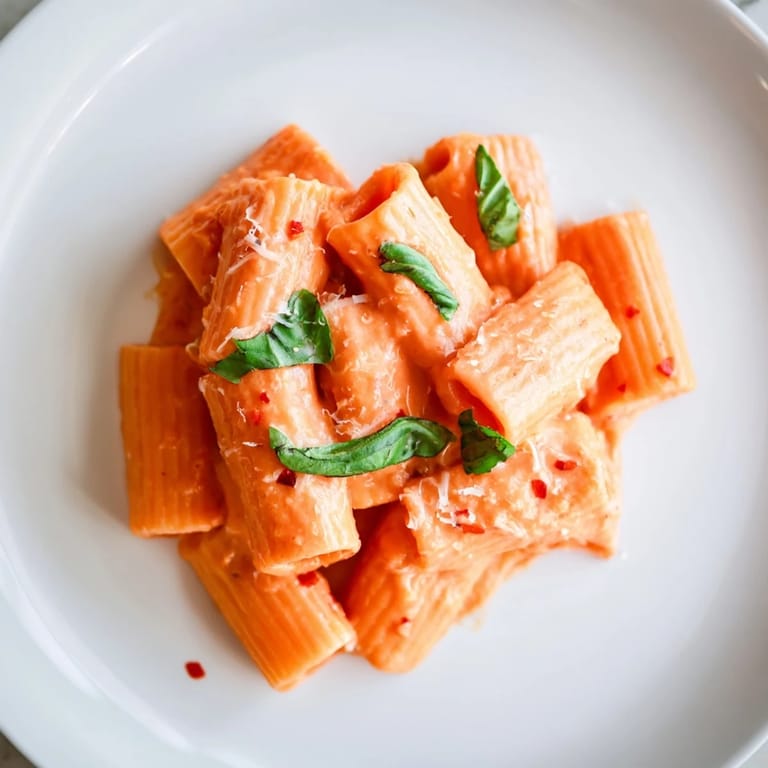 Hearty rigatoni pasta coated in a mildly spicy, creamy tomato sauce, ready to be enjoyed with extra Parmesan and a glass of crisp white wine.