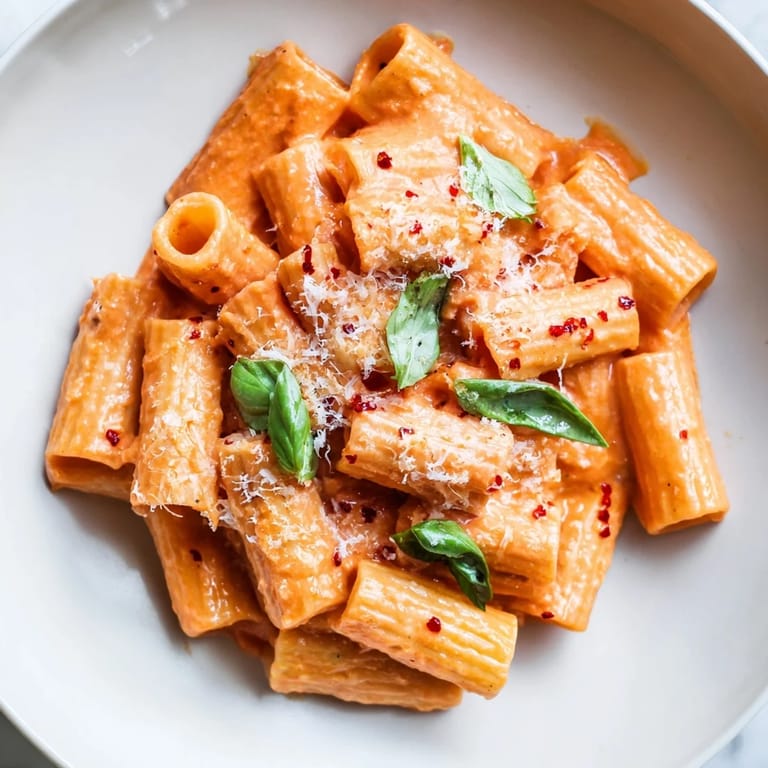 Close-up of spicy rigatoni pasta with a velvety red sauce, steam rising to show it’s freshly cooked and perfect for a weeknight vegetarian dinner.
