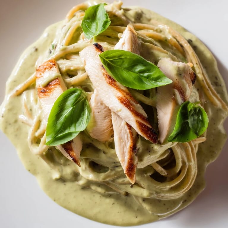 A bowl of creamy avocado chicken pasta topped with grated parmesan and lemon zest for brightness.