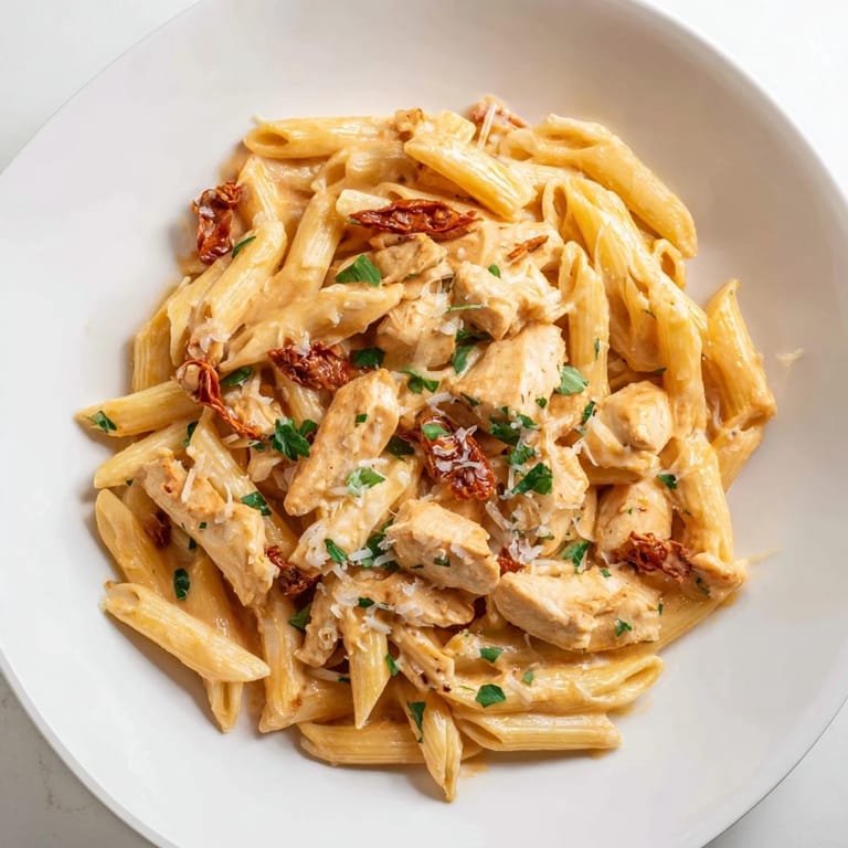 Appetizing serving of Creamy Sun-Dried Tomato Chicken Pasta in a white bowl, a fork twirls cheesy penne with chicken and tomatoes, steam rising from the savory dish.