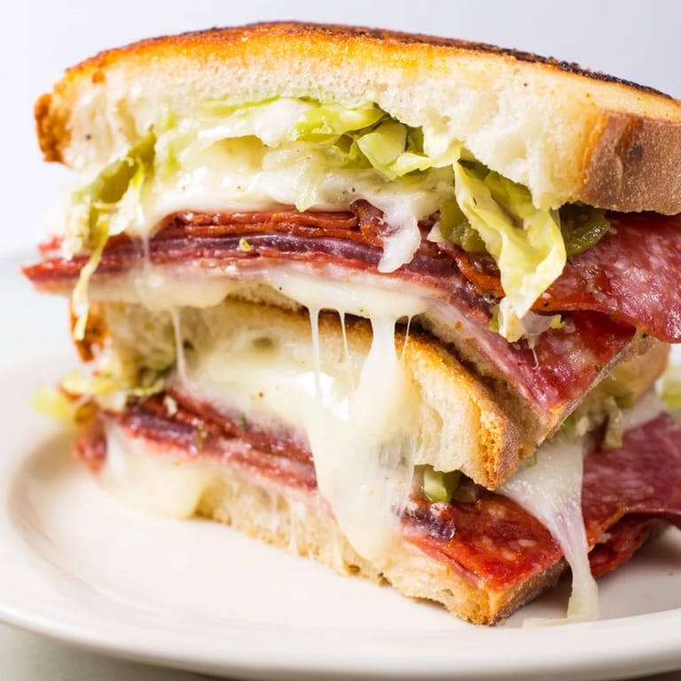 A melty Italian Sub Grilled Cheese, layered with pepperoni and a tangy lettuce topping for a classic grinder experience.  