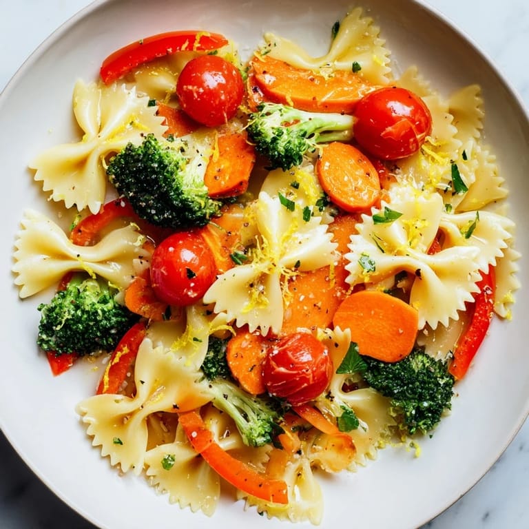 Overhead view of a serving of Rainbow Veggie Pasta Primavera in a white bowl, garnished with fresh basil and optional Parmesan cheese.