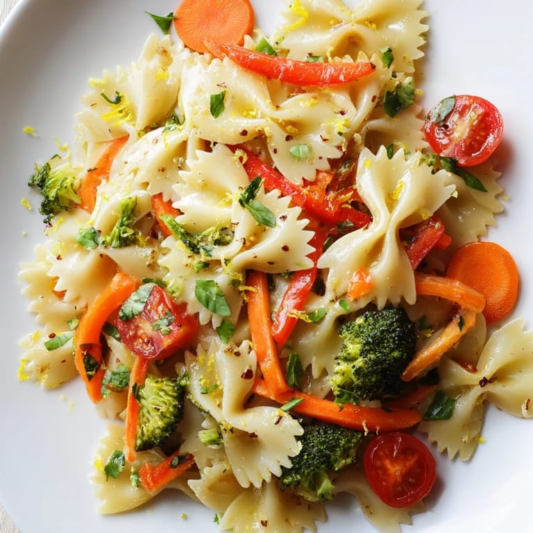 A skillet of freshly tossed Rainbow Veggie Pasta Primavera showcasing crisp asparagus, cherry tomatoes, and broccoli with a light lemony sauce.