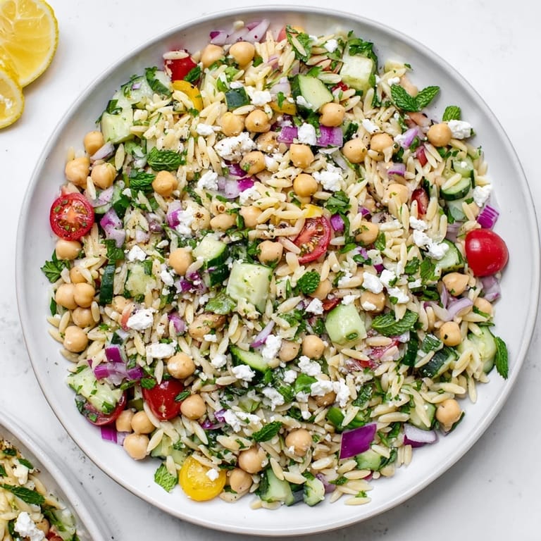 Close-up of Lemony Chickpea Orzo Salad showing tender orzo, chickpeas, diced cucumbers, and tomatoes, drizzled with lemon vinaigrette and fresh mint.