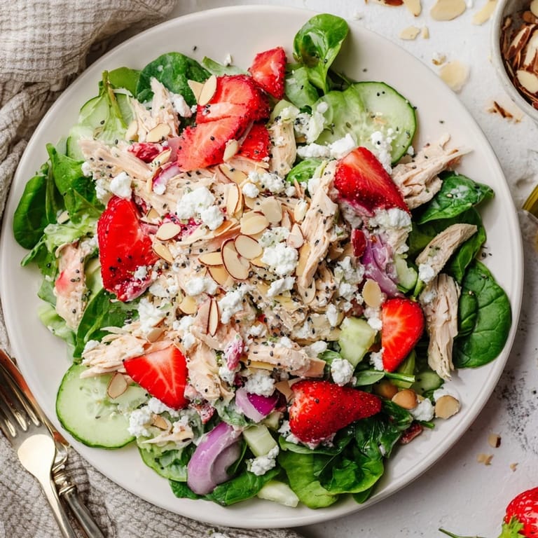 Vibrant summer salad with tender shredded chicken, sweet strawberries, and tangy poppy seed dressing—perfect for a quick, healthy meal.
