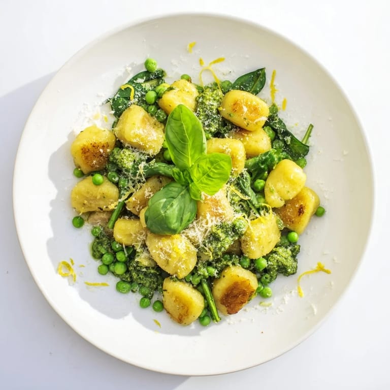 A close-up of Pesto Pea Gnocchi Skillet garnished with fresh basil and grated Parmesan cheese.  