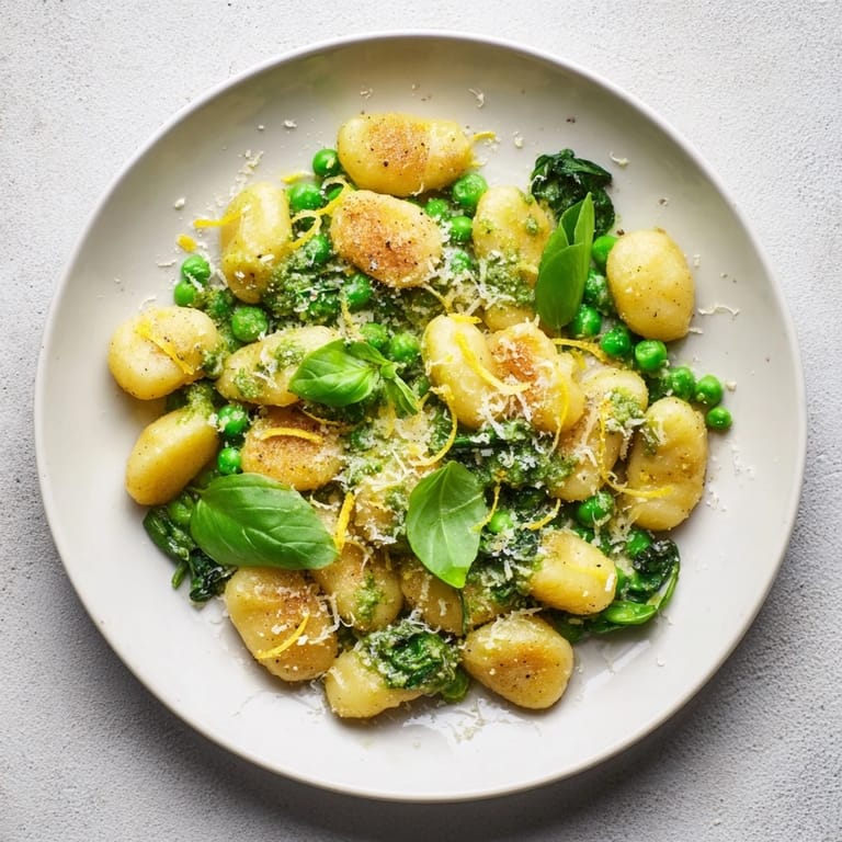 Hearty vegetarian main dish featuring crispy gnocchi, bright green peas, and basil pesto served hot.