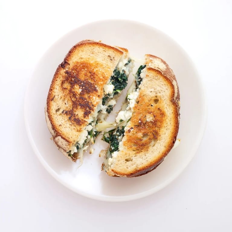 Freshly made Feta & Spinach Stuffed Grilled Cheese, with toasted sourdough bread hugging a vibrant green spinach and creamy cheese blend.