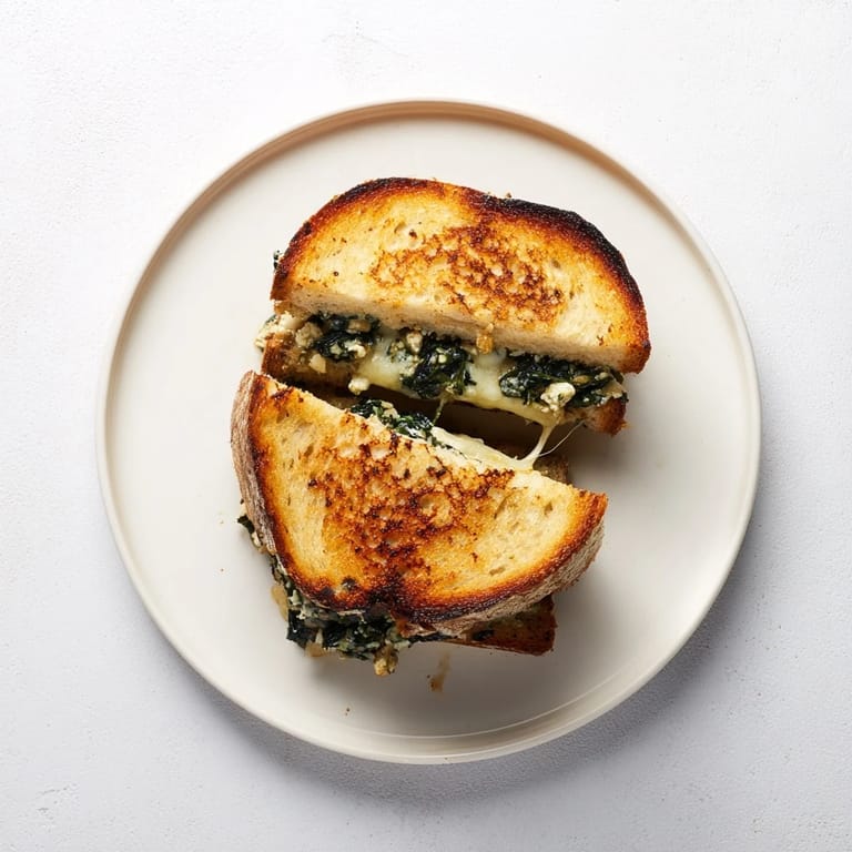 A close-up of a warm Feta & Spinach Stuffed Grilled Cheese, steam rising from the melted feta and sautéed spinach between thick bread.