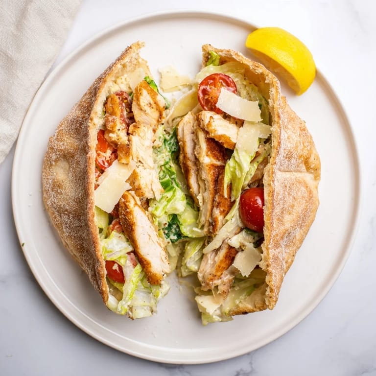 A vibrant handheld Caesar salad pita, loaded with savory air-fried chicken, shaved Parmesan, and bright lemon.